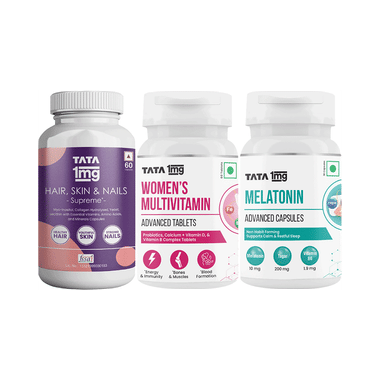 Combo Pack of Tata 1mg Women's Multivitamin Advanced Tablet (60),Melatonin 10mg Advanced Capsule (30) & Hair, Skin & Nails Supreme Capsule (60)
