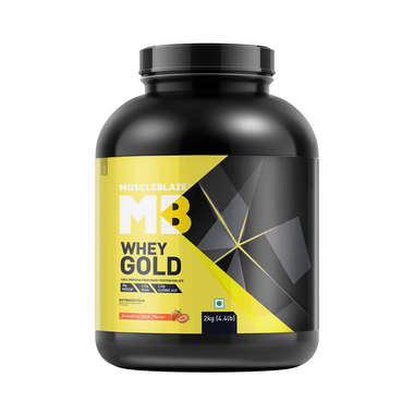 MuscleBlaze Whey Gold 100% Whey Protein Isolate | With Digestive Enzymes | Powder For Muscle Synthesis | Flavour Powder Strawberry Shake