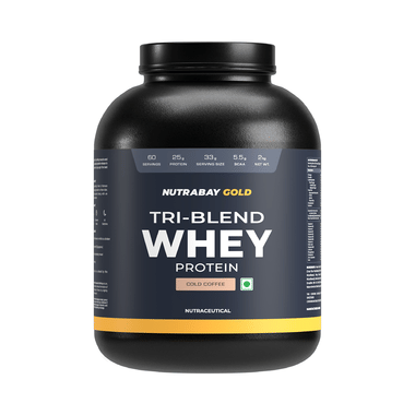 Nutrabay Gold Tri-Blend Whey Protein For Muscle Recovery & Immunity | No Added Sugar | Flavour Powder Cold Coffee