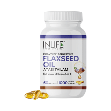 Inlife Flaxseed Oil Capsules 1000mg | Omega 3 6 9, Extra Virgin Cold Pressed Oil For Heart & Brain Health