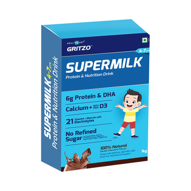 Gritzo SuperMilk For Active Kids, Protein Powder For Kids, High Protein (6 G), DHA, Calcium + D3, 21 Nutrients, No Refined Sugar, 100% Natural Double Chocolate Flavour 4-7 Years Powder