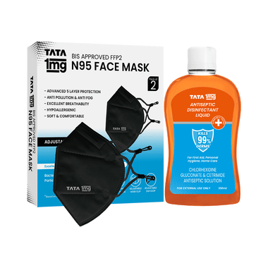 Combo Pack of Tata 1mg Antiseptic Liquid (100ml) & Tata 1mg BIS Approved FFP2 N95 Mask Black with Adjustable Ear Loop, Premium 5 Layered Face Mask (2)