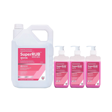 Super Rub Combo Pack Of WHO 80% Alcohol Based Hand Sanitizer 3x500ml With 5ltr Can