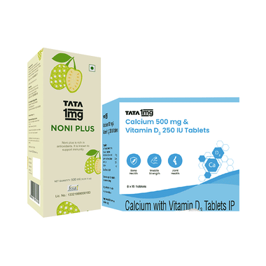 Combo Pack of Tata 1mg Noni Juice Plus with Rich Antioxidant (500ml) & Tata 1mg Calcium 500mg & Vitamin D3 250IU Tablet (15)