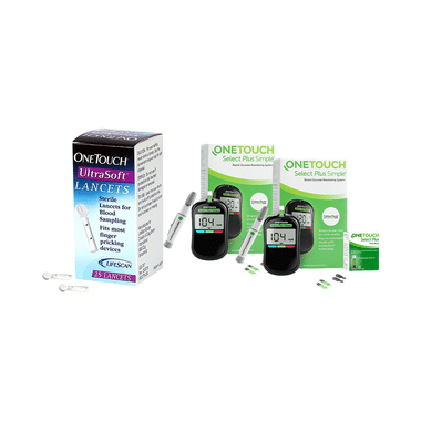 Combo Pack of One Touch Select Plus Simple Blood Glucose Monitoring System &  Select Plus Test Strip (50) & 2 Box of Ultrasoft Lancet (25 Each)