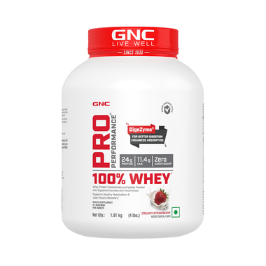 GNC Pro Performance 100% Whey Protein |  With Digestive Enzymes & Electrolytes | For Metabolism & Lean Muscles Recovery | Flavour Powder Creamy Strawberry