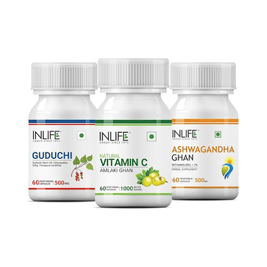 Inlife Combo Pack Of Guduchi 500mg, Natural Vitamin C 1000mg & Ashwagandha Ghan 500mg Vegetarian Capsule (60 Each)