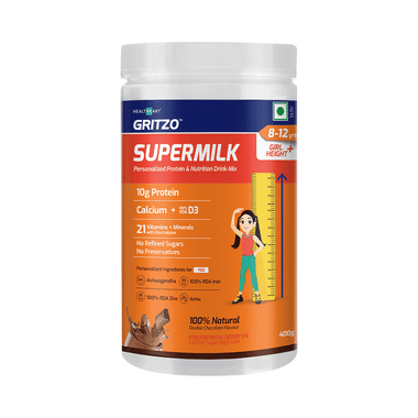 Gritzo Super Girl Milk Protein Height+ For 8 To 12 Years | With Calcium & Vitamin D3 | Flavour Double Chocolate