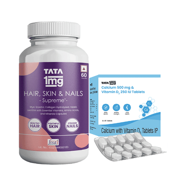 Combo Pack of Tata 1mg Hair, Skin & Nails Supreme Biotin Capsule (60) & Tata 1mg Calcium 500mg & Vitamin D3 250IU Tablet (15)