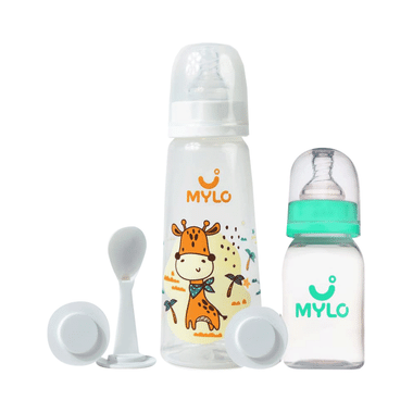 Mylo 2 In 1 BPA Free With Anti-Colic Nipple & Spoon Baby Feeding Bottle (125ml & 250 Ml) Lion & Zesty Orange