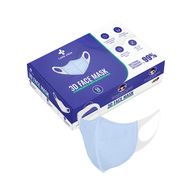Care View 3 Dimensional Disposable Face Mask With 4 Layered Filtration And Soft Non-Woven Spandex Ear Loops Blue Box