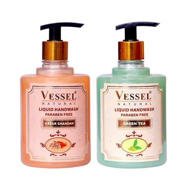 Vessel Combo Pack Of Natural Paraben Free Liquid Handwash Green Tea And Kesar Chandan (500ml Each)