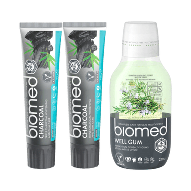 Biomed Complete Care Natural Toothpaste (100gm Each) Charcoal Buy 2 Get 1 Biomed Well Gum Mouthwash Free