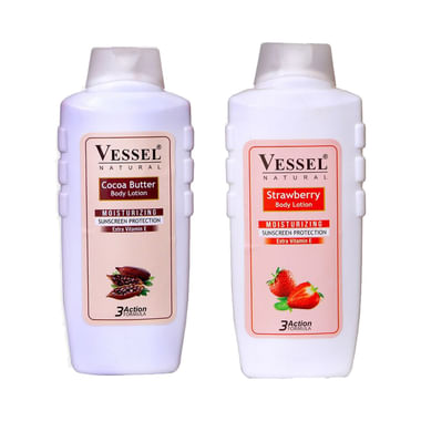 Vessel Combo Pack Of Natural Moisturizing Body Lotion With Sunscreen Protection Strawberry And Cooca (650ml Each)