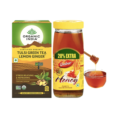 Anti-oxidants Combo of Organic India Lemon Ginger Tulsi Green Tea 25 Tea Bag and Dabur Honey 1kg