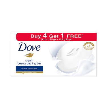 Dove Cream Beauty Bathing Bar For Soft, Smooth & Moisturised Skin (125gm Each) Buy 4 Get 1 Free