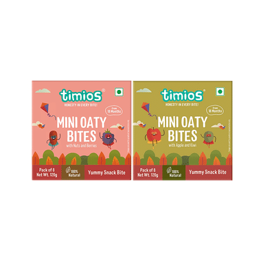 Timios Combo Pack Of Mini Oaty Bites With Nuts And Berries & Mini Oaty Bites With Apple And Kiwi From 18 Months (120gm Each)