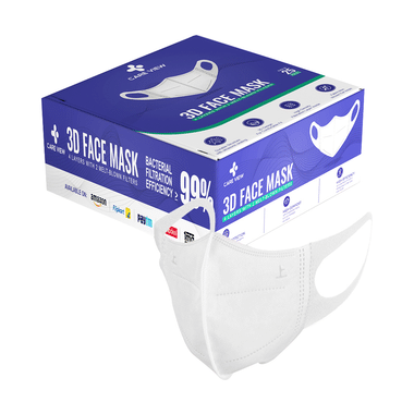 Care View 3 Dimensional Disposable Face Mask With 4 Layered Filtration And Soft Non-Woven Spandex Ear Loops White Box
