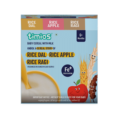 Timios Baby Cereal With Milk 6+ Month (25gm Each) 4 Rice Dal, 4 Rice Apple, 4 Rice Ragi