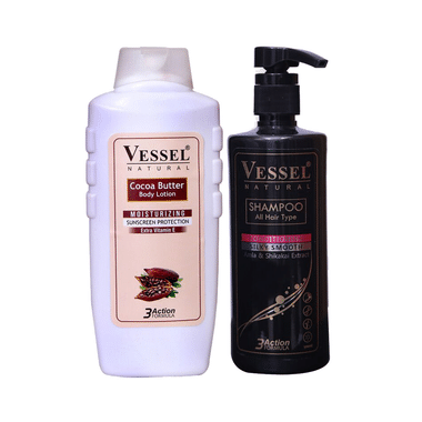 Vessel Combo Pack Of Cocoa Butter Moisturizing Body Lotion 650ml And 3 Action Formula Shampoo With Conditioner 500ml