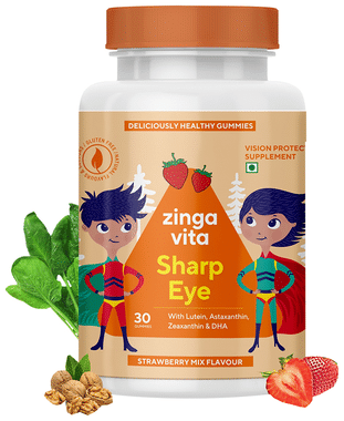 Zingavita Sharp Eye with Lutein, Astaxanthin, Zeaxanthin & DHA Multivitamin for Kids (with Essential Eye Vitamins) for Eye Health Strawberry Mix