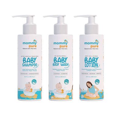 Mommypure Combo Pack Of Soft As A Cloud Baby Lotion, Extra Gentle Tear-Free Shampoo And Oh So Blissful! Baby Body Wash (250ml Each)