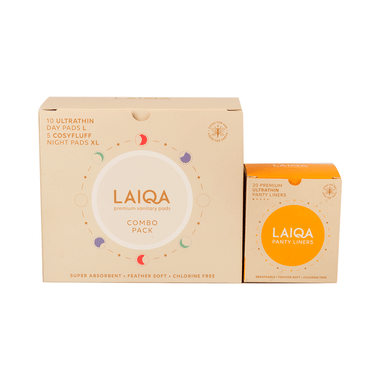 Laiqa Combo Pack Of Premium Sanitary Pads (10 Ultrathin Day Large & 5 Cosyfluff Night XL) With 20 Premium Ultrathin Panty Liners