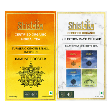 Shistaka Combo Pack Of Certified Organic Herbal Tea (1.8gm Each) Selection Pack Of Four & Turmeric Ginger & Basil Infusion