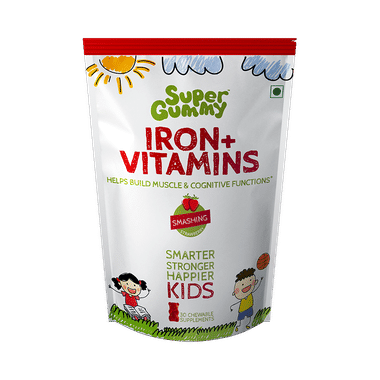 Super Gummy Iron + Vitamins Chewable Suplement | For Kids' Muscle & Cognitive Function | Flavour Smashing Strawberry