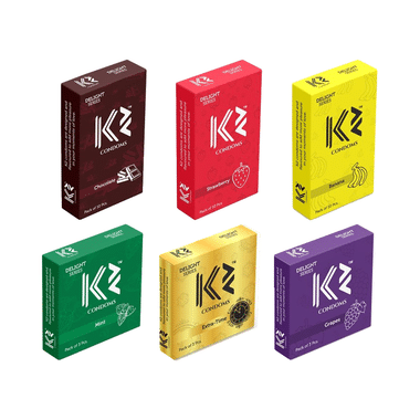 K2 Combo Pack Of Dotted Condom Chocolate,Strawberry,Banana(10Pc Each) Mint,Extra Time,Grapes(3pc Each)