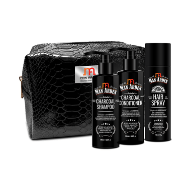 Man Arden Rippling Tresses Combo ( Hair Spray 180ml, Activated Charcoal Shampoo & Activated Charcoal Conditioner 200ml Each) with Pouch