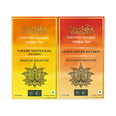 Shistaka Combo Pack Of Certified Organic Herbal Tea (1.8gm Each) Turmeric Ginger & Basil Infusion & Lemon Ginger Infusion