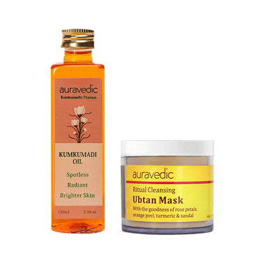 Auravedic Combo Pack Of Kumkumadi Oil (100ml) & Ritual Cleansing Ubtan Mask (60gm)