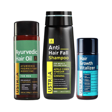 Ustraa Combo Pack Of Ayurvedic Hair Oil 200ml, Anti Hair Fall Shampoo 250ml & Hair Growth Vitalizer 100ml