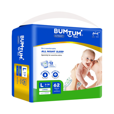 Bumtum Ultrasoft Baby Diaper Pants, Cottony Soft High Absorb Technology (62 Each) Large