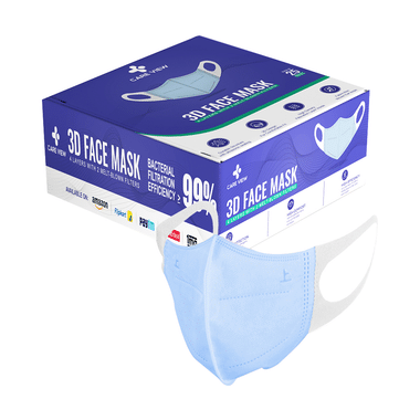 Care View 3 Dimensional Disposable Face Mask with 4 Layered Filtration and Soft Non-Woven Spandex Ear Loops Blue Box