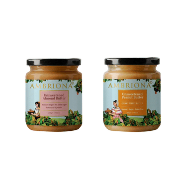 Ambriona Combo Pack Of Vegan And Gluten Free Unsweetened Almond Butter & Unsweetened Peanut Butter (200gm Each)