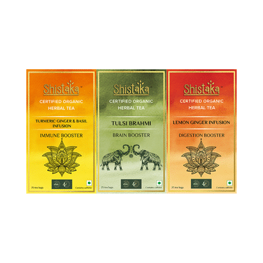 Shistaka Combo Pack Of Certified Organic Herbal Tea (1.8gm Each) Turmeric Ginger & Basil Infusion,Tulsi Brahmi & Lemon Ginger Infusion