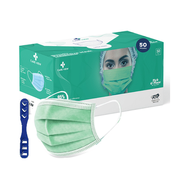 Care View 3 Ply Disposable Surgical Mask With Built In Metal Nose Pin And 1 Melt Blown Layer (50 Each) Green