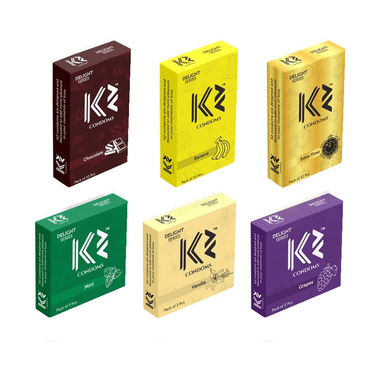 K2 Combo Pack Of Dotted Condom Chocolate,Banana,Extra Time(10Pc Each) Mint,Vanilla,Grapes(3pc Each)