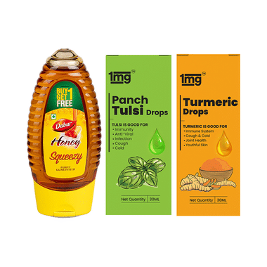 Warm Milk Mix Recipe Of 1mg Turmeric Drops With Piperine 30ml, 1mg Panch Tulsi Drops 30ml And Dabur Honey Squeezy Buy 1 Get 1 Free 225gm