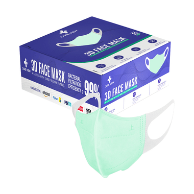 Care View 3 Dimensional Disposable Face Mask With 4 Layered Filtration And Soft Non-Woven Spandex Ear Loops Green Box