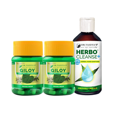 Dr. Vaidya's Combo Pack Of 2 Bottles Of Giloy Capsule (30 Each) And Herbocleanse+ Herbal Hand Sanitizer (200ml)