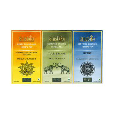 Shistaka Combo Pack Of Certified Organic Herbal Tea (1.8gm Each) Turmeric Ginger & Basil Infusion,Tulsi Brahmi & Detox