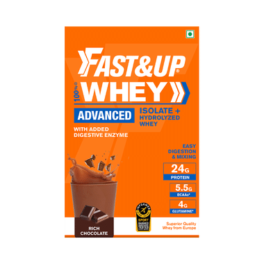 Fast&Up 100% Whey Advanced Isolate+Hydrolyzed Whey, 24g Protein + 5.5g BCAA + 4g Glutamine Rich Chocolate