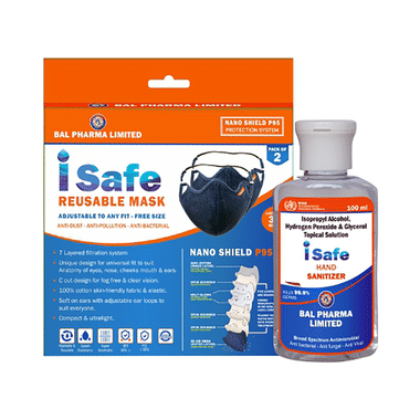 I Safe Nano Shield P95 Reusable Mask (Pack Of 2) With 100ml Hand Sanitizer Free