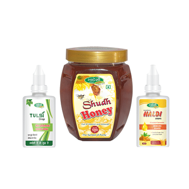 Swadeshi Combo Pack Of Shudh Honey 500gm, Tulsi Drop 15ml & Haldi Drop 30ml With Digstv Amla Sweet Candy 100gm Free