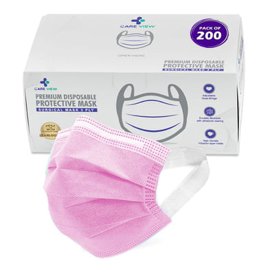 Care View 3 Ply Premium Disposable Protective Surgical Face Mask With Ear Loops Pink