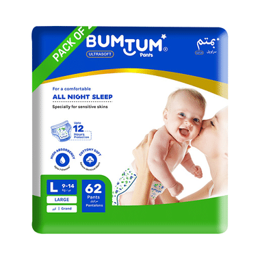 Bumtum Ultrasoft Baby Diaper Pants, Cottony Soft High Absorb Technology (62 Each) Large