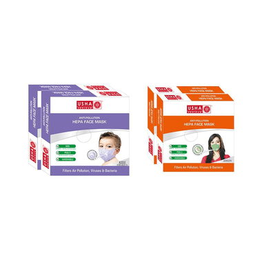Usha Shriram Combo Of N95 Anti Pollution HEPA Face Mask For Adults And Kids (2+2)